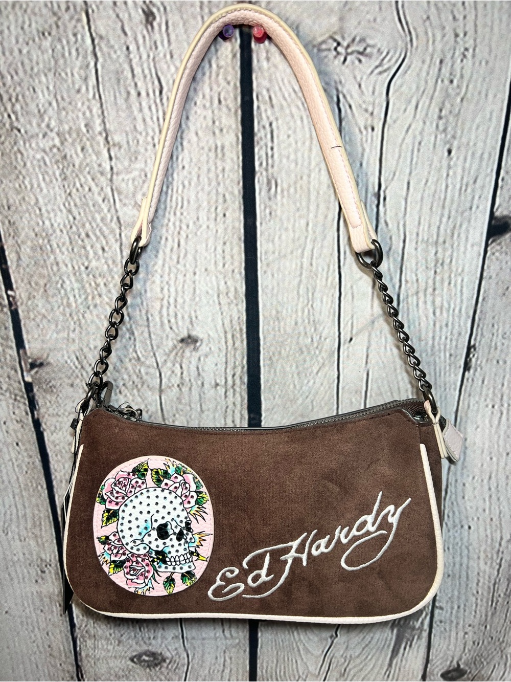 Ed Hardy Brown Suede Shoulder Bag with Pink Skull Patch and Cream Trim